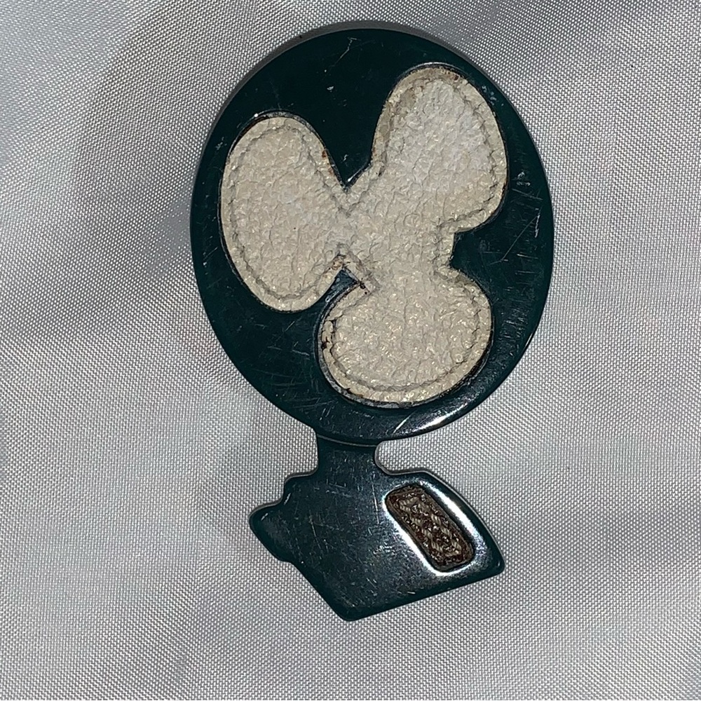 PRADA Italian resin & leather pin back BROOCH stylized vintage fan - Picture 2 of 4